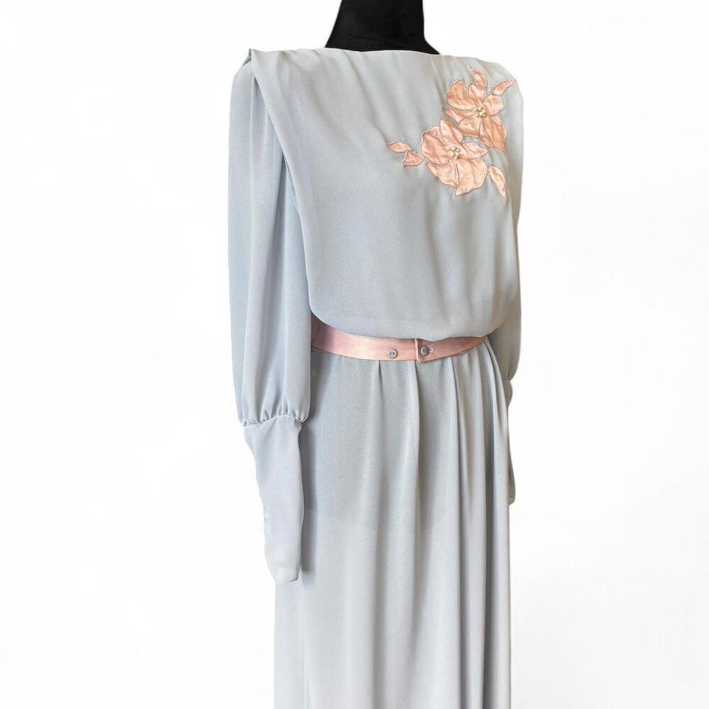 80s Powder Blue Chiffon Dress – Cottagecore Floral Maxi S